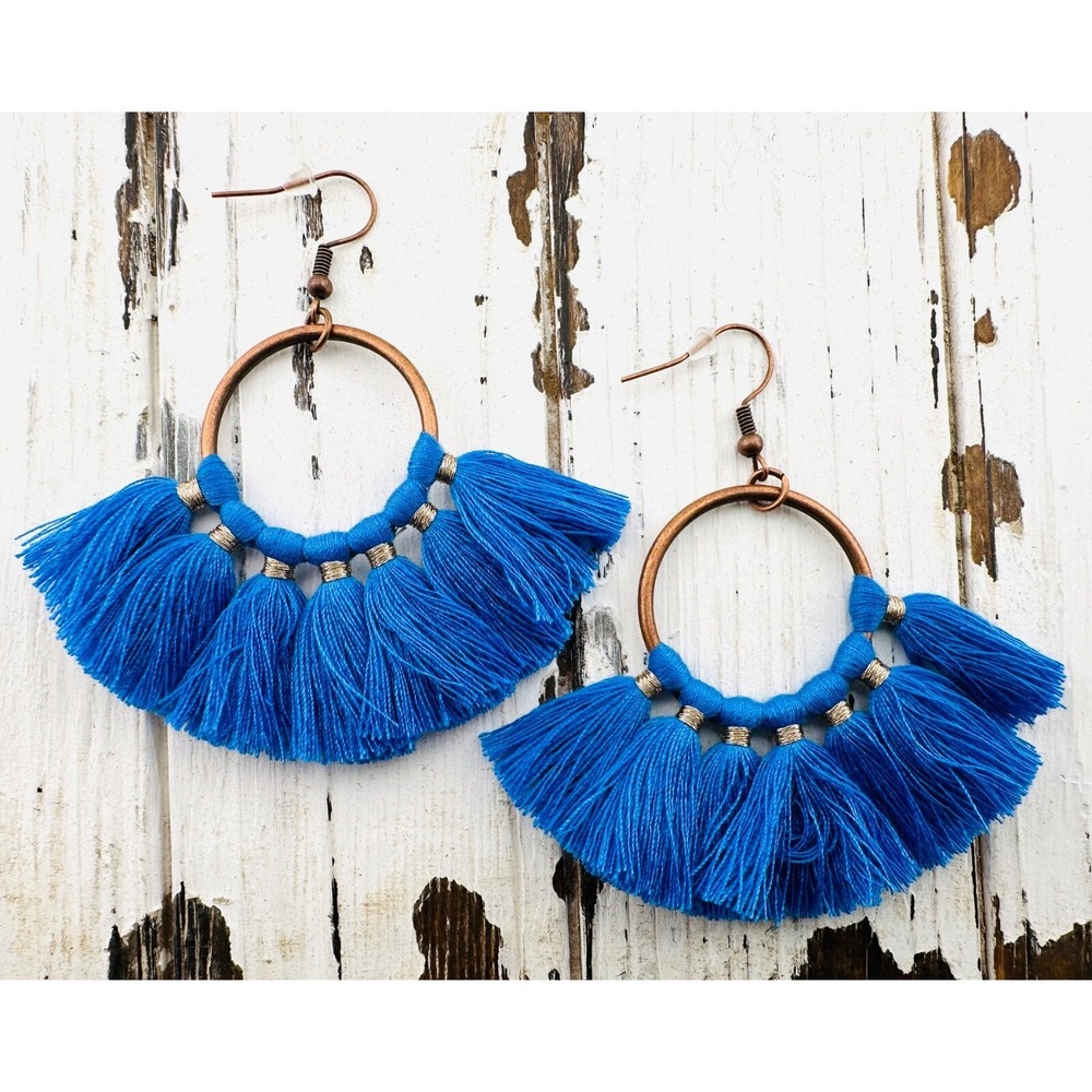 Nautical Marine Blue Tassel Fan & Copper‎ Alloy Earrings